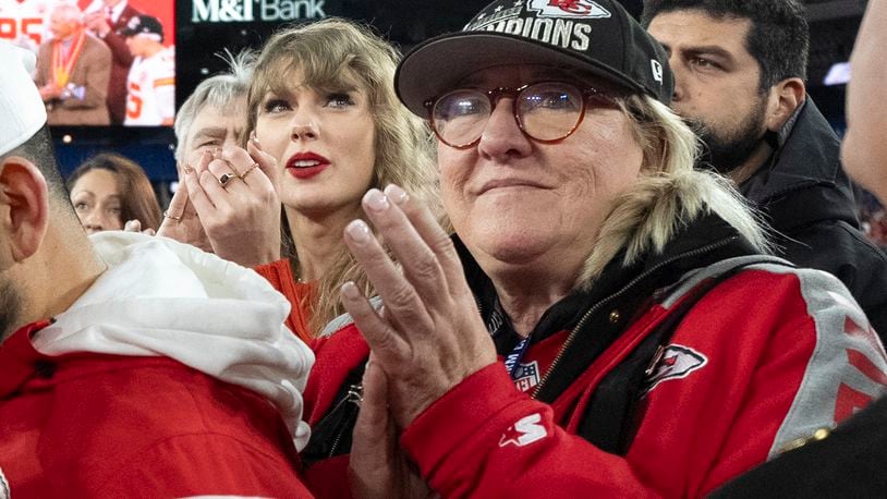 FILE - Taylor Swift stands with Donna Kelce after an AFC Championship NFL football game between the Kansas City Chiefs and the Baltimore Ravens, Sunday, Jan. 28, 2024, in Baltimore. (AP Photo/Julio Cortez)