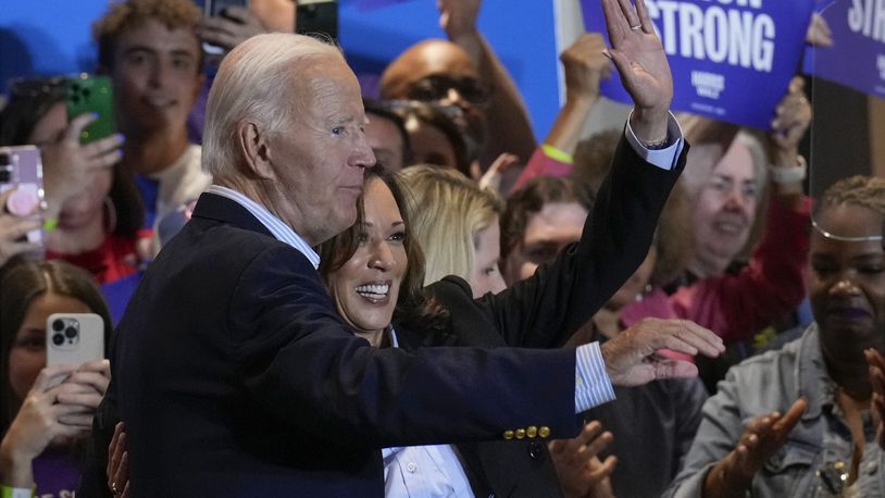 Democratic presidential nominee Vice President Kamala Harris campaigns with President Joe Biden at the IBEW Local Union #5 union hall in Pittsburgh, on Labor Day, Monday, Sept. 2, 2024. (AP Photo/Jacquelyn Martin)