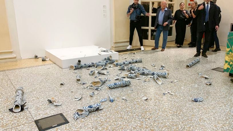 This photo released by OperaLaboratori Tuesday, Sept. 24, 2024 shows the artwork Porcelain Cube by artist Ai Wei Wei destroyed by a Czech man on the day of the opening of the exhibition 'Ai Weiwei, Who am I?", at Palazzo Fava, in Bologna, Italy, Friday, Sept. 20, 2024. (OperaLaboratori via AP)