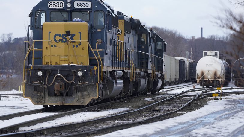 FILE - CSX locomotives sit at CSX North Framingham Yard, on Jan. 24, 2023, in Framingham, Mass. (AP Photo/Steven Senne, File)