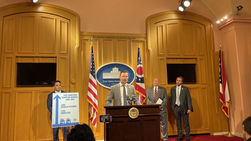 Butler County Rep. Thomas Hall, R-Madison Twp., speaking at a scheduled press conference highlighting changes to Ohio's Homestead Exemption program on Wednesday, Aug. 16, 2023.