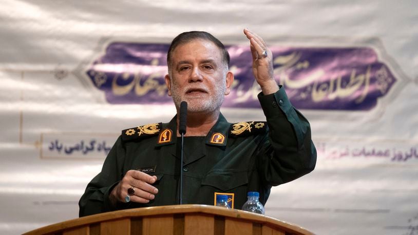 In this photo provided by Fars News Agency, Iranian Revolutionary Guard Gen. Abbas Nilforushan addresses a meeting in Tehran, Iran, Feb. 5, 2024. Nilforushan died in an Israeli airstrike that killed Hezbollah leader Hassan Nasrallah in Beirut, Iranian media reported Saturday. (Elaheh Javan, Fars News Agency via AP)