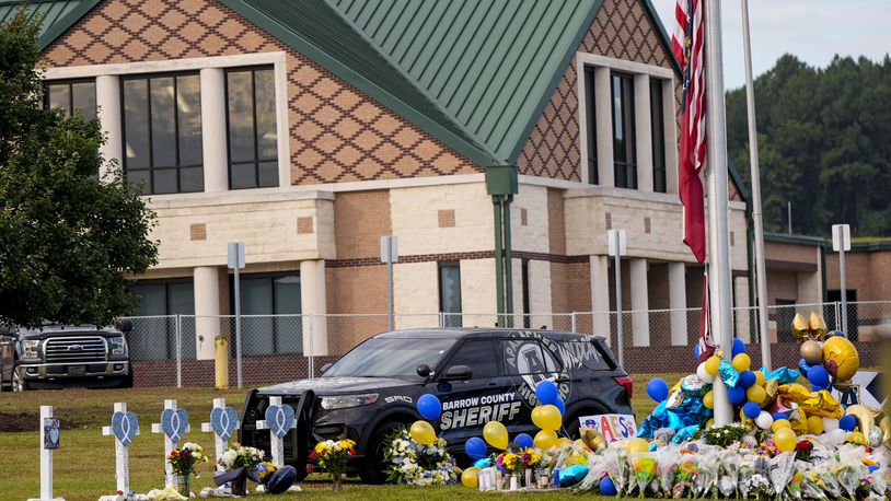 FILE - A memorial is seen at Apalachee High School after the Wednesday school shooting, Saturday, Sept. 7, 2024, in Winder, Ga. (AP Photo/Mike Stewart, File)