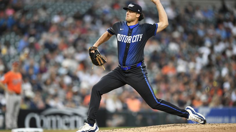 Detroit Tigers relief pitcher Brant Hurter throws against the Baltimore Orioles in the fourth inning of a baseball game, Friday, Sept. 13, 2024, in Detroit. (AP Photo/Jose Juarez)