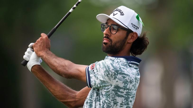 Akshay Bhatia competes in the third round of the PGA Rocket Mortgage Classic golf tournament, Saturday, June 29, 2024, at the Detroit Golf Club in Detroit. (Katy Kildee/Detroit News via AP)