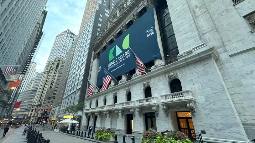 A banner for childhood learning company KinderCare hangs from the New York Stock Exchange ahead of the company's IPO on Wednesday, Oct. 9, 2024. (AP Photo/Peter Morgan, File)