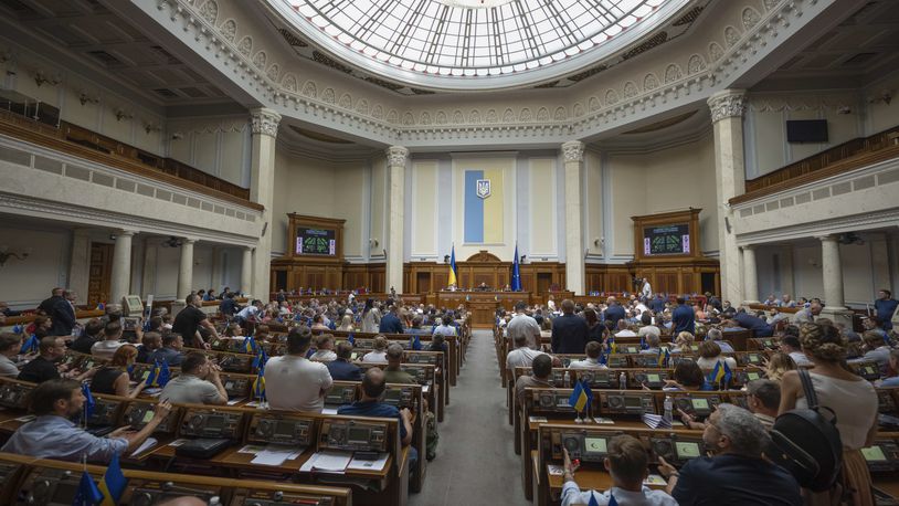 In this photo provided by the Ukrainian Parliament Press Office, the Ukrainian Parliament is seen during a session in Kyiv, Ukraine, Wednesday, Aug. 21, 2024. Ukraine has ratified the Rome Statute of the International Criminal Court Wednesday, opening the possibility of more prosecutions of Russian officials for war crimes and crimes against humanity. (Andrii Nesterenko, Ukrainian Parliament Press Office via AP)