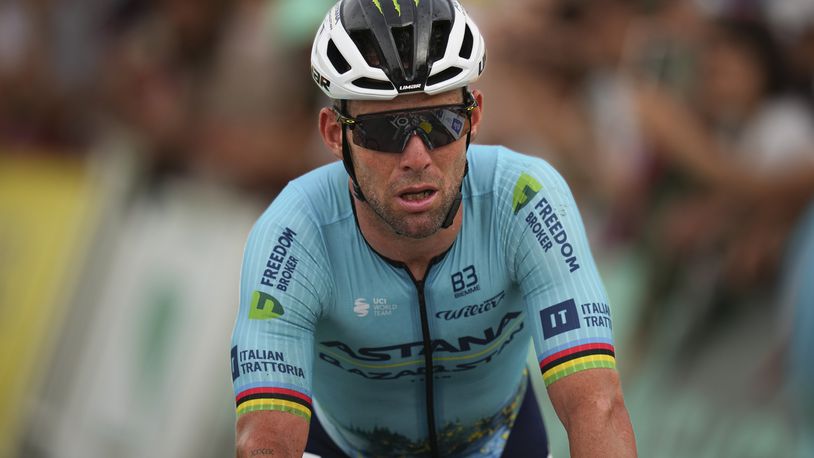 Britain's Mark Cavendish crosses the finish with a considerable delay in the first stage of the Tour de France cycling race over 206 kilometers (128 miles) with start in Florence and finish in Rimini, Italy, Saturday, June 29, 2024. (AP Photo/Daniel Cole)