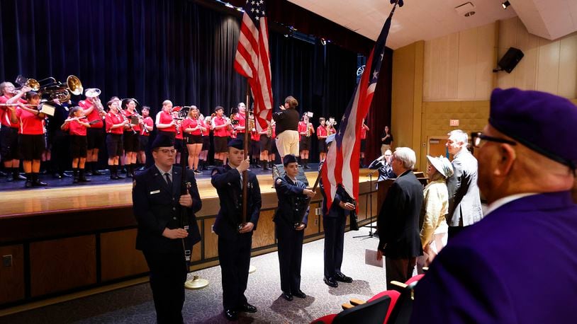 The Tecumseh High School AFJROTC did the presentation of colors Friday, Aug. 16, 2024 for the Capt. Paul Leron Hoke's marker ceremony at the school. MARSHALL GORBY\STAFF