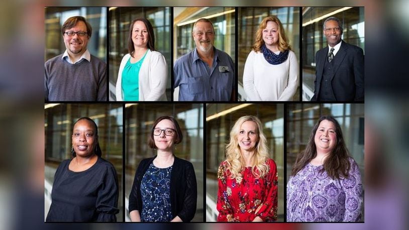 Clark State College honored and awarded several faculty and staff at its 60th annual Charter Night: (From left to right) Stanton Sturgill (top left); Kristen Bancroft; Brian Guthrie; Kristi Limes, Dr. Sterling Coleman (top right); Deltoria Crockran (bottom left); Jessica Adams; Carol Miller; and Nora Hateml (bottom right). Not pictured recipients: Sandra Horn and Momina Sulehria.