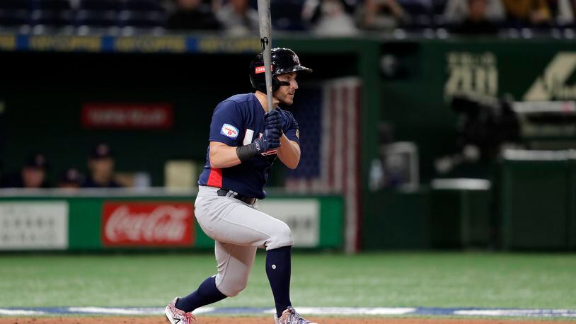 TOKYO, JAPAN - NOVEMBER 17: Outfielder Mark Payton #4 of the United States hits a grounder into a double play in the top of 3rd inning during the WBSC Premier 12 Bronze Medal final game between Mexico and USA at the Tokyo Dome on November 17, 2019 in Tokyo, Japan. (Photo by Kiyoshi Ota/Getty Images)