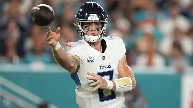 Tennessee Titans quarterback Will Levis (8) aims a pass during the first half of an NFL football game against the Miami Dolphins, Monday, Sept. 30, 2024, in Miami Gardens, Fla. (AP Photo/Rebecca Blackwell)