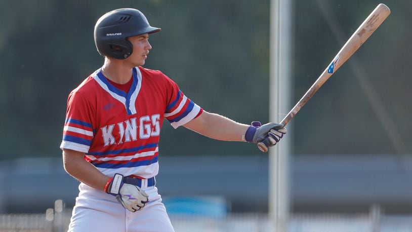 Kenton Ridge High School graduate and Bluffton University senior Evan Houseman awaits a pitch during their game against the Chillicothe Paints on Tuesday, July 9 at Carleton Davidson Stadium in Springfield. CONTRIBUTED PHOTO BY MICHAEL COOPER