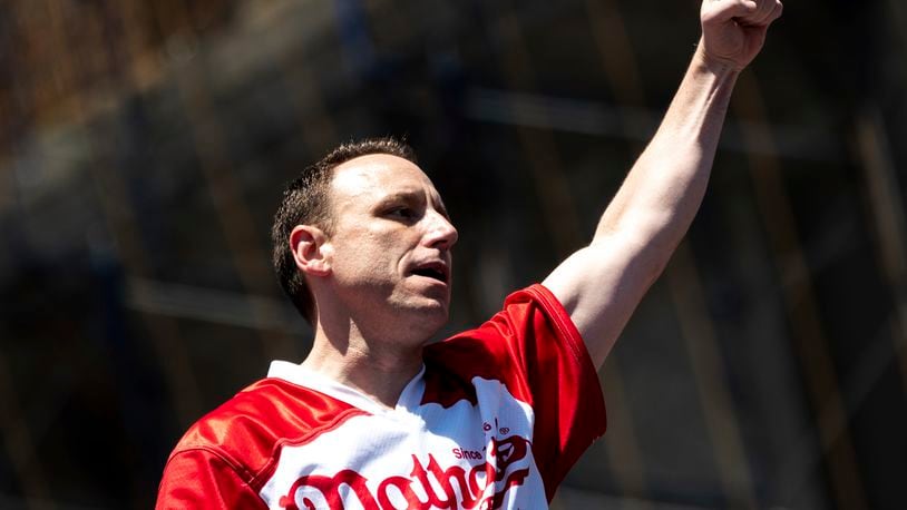 Joey Chestnut arrives at the Nathan’s Famous Fourth of July hot dog eating contest in Coney Island on Monday, July 4, 2022, in New York. Chestnut ate 63 hotdogs to win the men's division of the contest. (AP Photo/Julia Nikhinson)