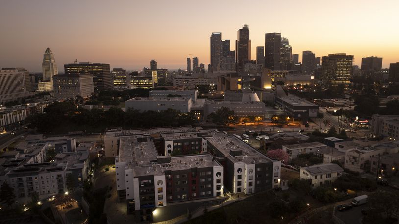 An aerial view shows Hillside Villa, bottom center, an apartment complex where Marina Maalouf is a longtime tenant, in Los Angeles, Tuesday, Oct. 1, 2024. (AP Photo/Jae C. Hong)