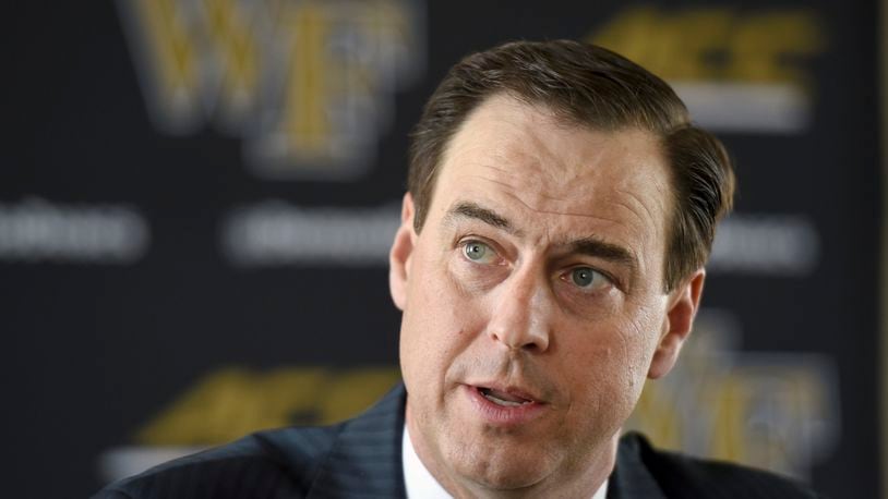 FILE - In this May 6, 2019, file photo, Wake Forest athletic director John Currie talks with the media in Winston-Salem, N.C. (Walt Unks/The Winston-Salem Journal via AP, File)