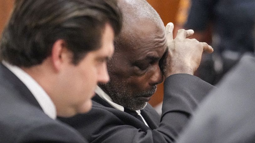 Former Houston Police officer Gerald Gaines listens to closing arguments in the punishment phase of his felony murder trial on Monday, Oct. 7, 2024 in Houston. Goines was found guilty of felony murder in the 2019 deaths of Dennis Tuttle and Rhogena Nicholas. (Brett Coomer/Houston Chronicle via AP)