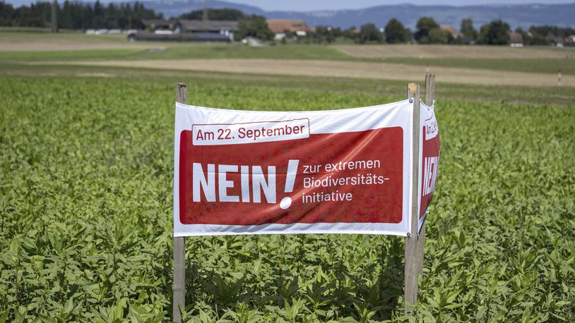 A poster for the No campaign ahead of a biodiversity referendum due to take place on Sept. 22, is seen in a field in Hoechstetten, Switzerland, Friday, Aug. 23, 2024, (Peter Schneider/Keystone via AP)