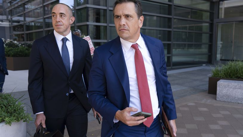 Former President Donald Trump attorneys Emil Bove, left, and Todd Blanche leave the U.S. Federal Courthouse, after a hearing, Thursday, Sep. 5, 2024, in Washington. A judge is hearing arguments about potential next steps in the federal election subversion prosecution of Donald Trump in the first hearing since the Supreme Court narrowed the case by ruling that former presidents are entitled to broad immunity from criminal charges. (AP Photo/Jose Luis Magana)