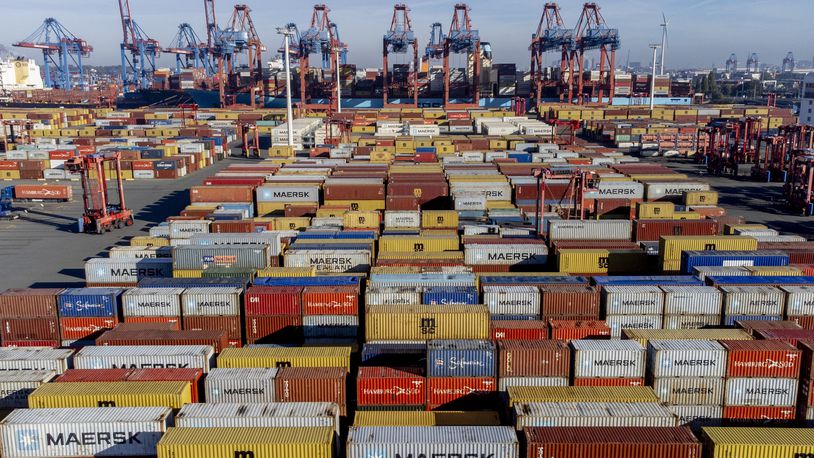 FILE - Containers are piled up in the harbor in Hamburg, Germany, Wednesday, Oct. 26, 2022. (AP Photo/Michael Probst, file)