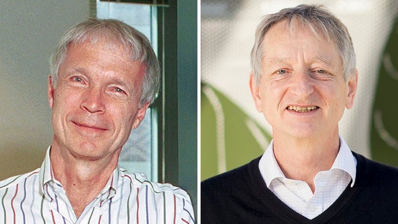 This photo combo shows the 2024 Nobel Prize winners in Physics, professor John Hopfield, left, of Princeton University, and professor Geoffrey Hinton, of the University of Toronto, Tuesday, Oct. 8, 2024. (Princeton University via AP and Noah Berger/AP Photo)