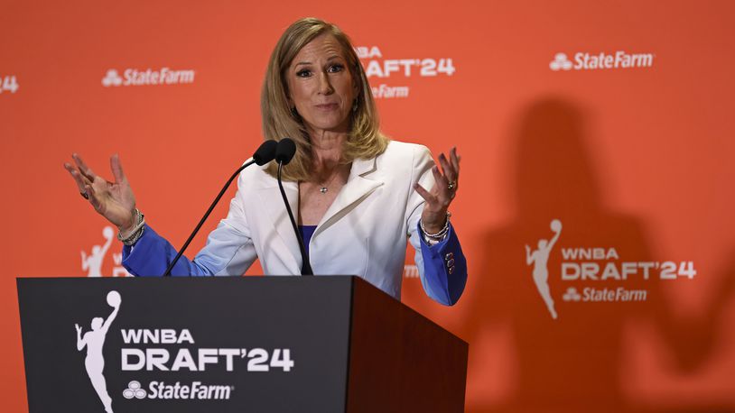 FILE - WNBA commissioner Cathy Engelbert speaks to the media before the WNBA basketball draft on Monday, April 15, 2024, in New York. (AP Photo/Adam Hunger, File)