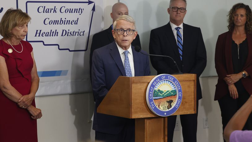 Governor Mike DeWine talks about the new Mobile Health Unity the state is letting Clark County use to keep up with the county's growing population's health care needs. BILL LACKEY/STAFF