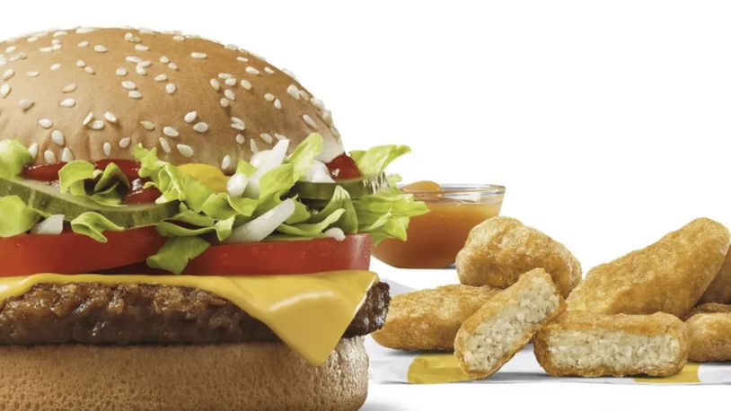 FILE - This image released by McDonald's in February, 2023, shows the McPlant plant-based burger and and the new plant-based McPlant Nuggets. (McDonald's via AP, File)