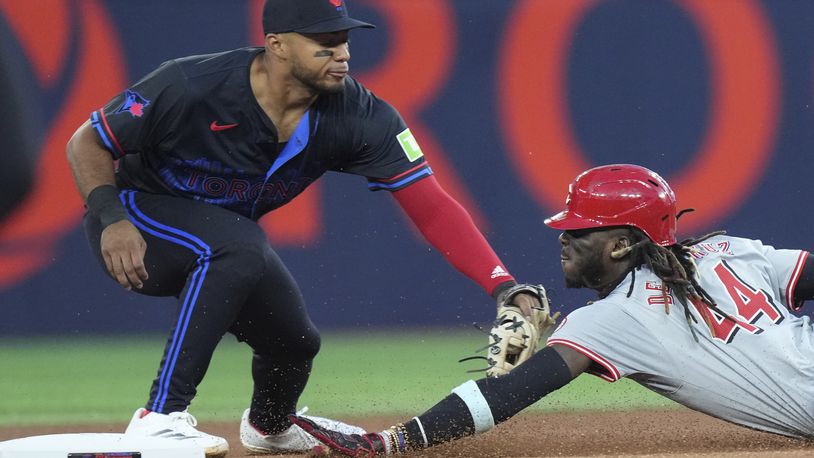 Cincinnati Reds Elly De La Cruz is tagged out trying to steal second base by Toronto Blue Jays second base Leo Jimenez during fourth inning Inter-league MLB baseball action in Toronto on Wednesday Aug. 21, 2024. (Chris Young/The Canadian Press via AP)