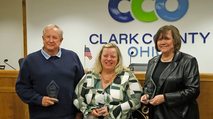 The Clark County Commissioners presented three Clark County residents with the annual Luminary Awards Wednesday, Jan. 10, 2024 during the weekly commission meeting. The award winners are, from left, Michael Stafford, Julie Driskill and Bonita Heeg. BILL LACKEY/STAFF