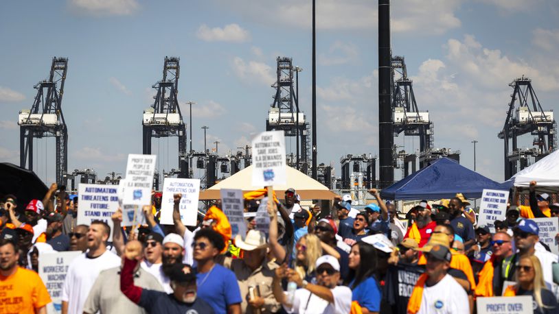 FILE - Cranes usually running day and night are shut down during a strike by ILA members at the Bayport Container Terminal on Oct. 1, 2024, in Houston. (AP Photo/Annie Mulligan, File)