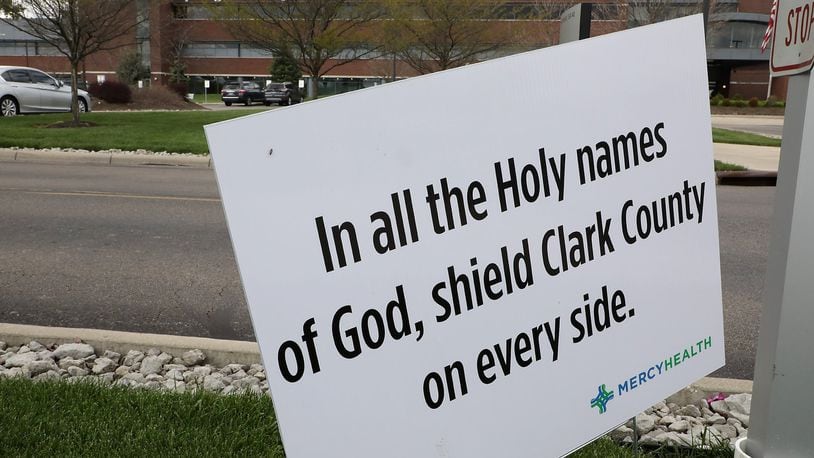 A sign in the parking lot of Mercy Health’s Springfield Regional Medical Center Friday. BILL LACKEY/STAFF