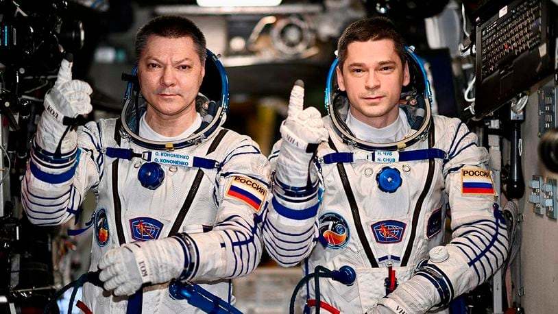 In this undated photo released by Roscosmos space corporation, Russians Oleg Kononenko and Nikolai Chub are shown aboard the International Space Station on Friday, Sept. 20, 2024. They set the record for the longest continuous presence on the ISS, more than 370 days. (Roscosmos space corporation via AP)