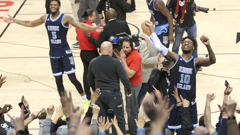 Rhode Island celebrates a victory against Virginia Commonwealth in the quarterfinals of the Atlantic 10 tournament on Friday, March 15, 2019, at the Barclays Center in Brooklyn, N.Y. David Jablonski/Staff