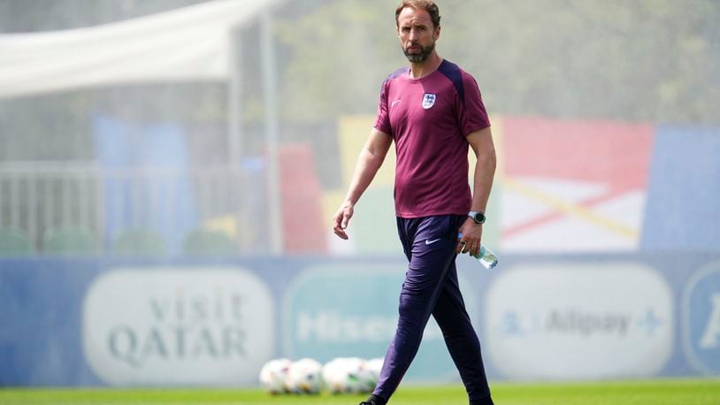 England manager Gareth Southgate during a training session at the Spa & Golf Resort Weimarer Land in Blankenhain, Germany, Saturday June 29, 2024. Gareth Southgate was credited with making England fans fall back in love with their national soccer team. Now many are turning on him. Southgate has been a largely unifying force for the national team during a period of upheaval and uncertainty in English politics and culture, but after nearly eight years and four major tournaments, the European Championship appears to signal a shift in opinion toward him. (Adam Davy/PA via AP)