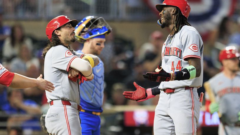 Cincinnati Reds Elly De La Cruz (44) celebrates with teammates after hitting a grand slam during the seventh inning of a baseball game against the Minnesota Twins, Friday, Sept. 13, 2024, in Minneapolis. (AP Photo/Nikolas Liepins)