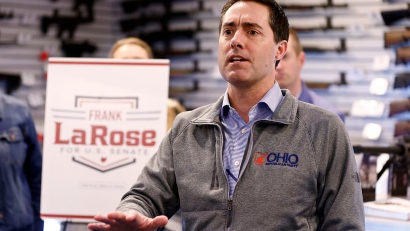 FILE - Ohio Secretary of State and Republican candidate for U.S. Senate Frank LaRose speaks to supporters during a campaign event in Hamilton, Ohio, March 18, 2024. (AP Photo/Paul Vernon, File)