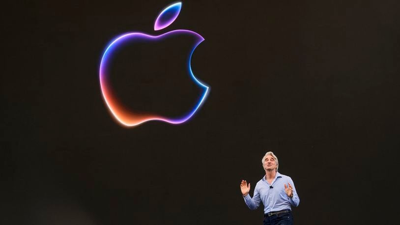 Craig Federighi, Apple's senior vice president of software engineering, speaks during an announcement of new products at the Apple campus in Cupertino, Calif., on Monday, June 10, 2024. (AP Photo/Jeff Chiu)
