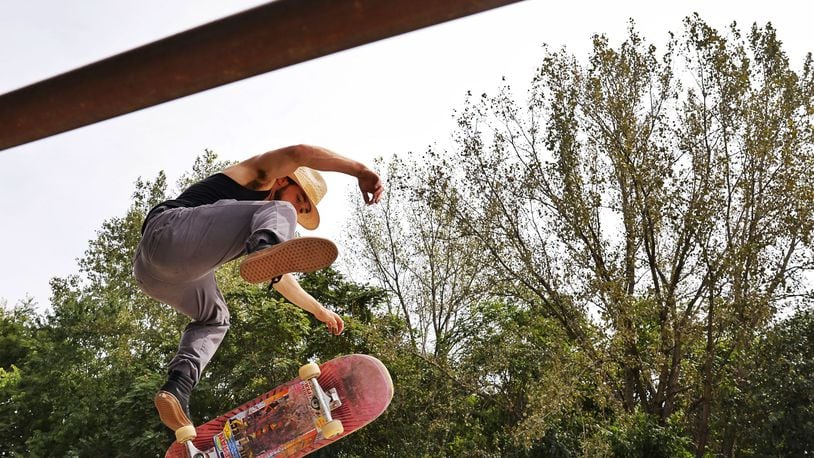 Sterling Baxter grinds on the ramp at the Hamilton-Fairfield Skate Park on Joe Nuxhall Way inside Joyce Park Tuesday, Sept. 3, 2024 in Hamilton. NICK GRAHAM/STAFF