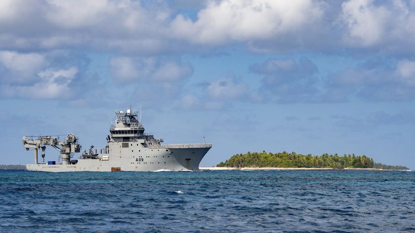 In this image released by New Zealand Defence Force (NZDF), HMNZS Manawanui arrives in Funafuti Lagoon, Tuvalu, on Sept. 7, 2022. (PO Christopher Weissenborn/NZDF via AP)