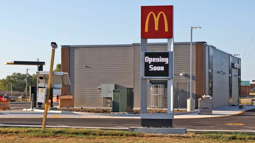 A digital sign announces Thursday, Sept. 5, 2024 that New Carlisle's first McDonald's restaurant will be opening soon. BILL LACKEY/STAFF