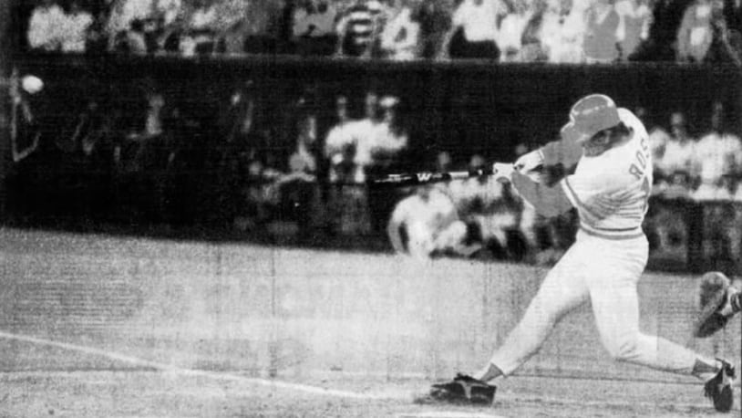 Pete Rose connects for his record-breaking 4,192nd hit on Sept. 11, 1985, at Riverfront Stadium in Cincinnati. Dayton Daily News photo by Bill Waugh