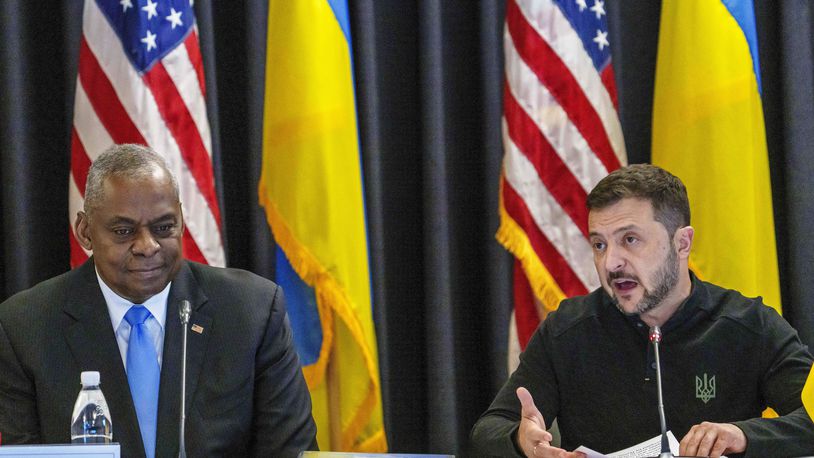 FILE - U.S. Defense Secretary Lloyd Austin, left, listens to Ukraine's President Volodymyr Zelenskyy during a meeting at Ramstein Air Base in Ramstein-Miesenbach, Germany, Friday, Sept. 6, 2024. (Andreas Arnold/dpa via AP, File)