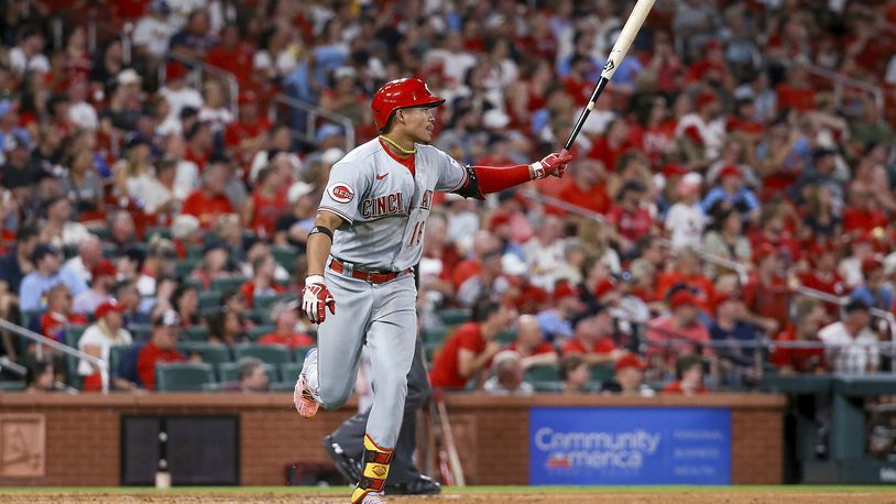 Cincinnati Reds' Noelvi Marte runs with his bat as he watches his solo home run against the St. Louis Cardinals during the seventh inning of a baseball game Saturday, Sept. 30, 2023, in St. Louis. (AP Photo/Scott Kane)