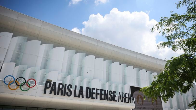 A view of the Paris La Defense Arena, Wednesday, June 12, 2024 in Nanterre, outside Paris. The Paris La Defense Arena will host the swimming and some water polo events during the Paris 2024 Olympic Games. (AP Photo/Thomas Padilla)