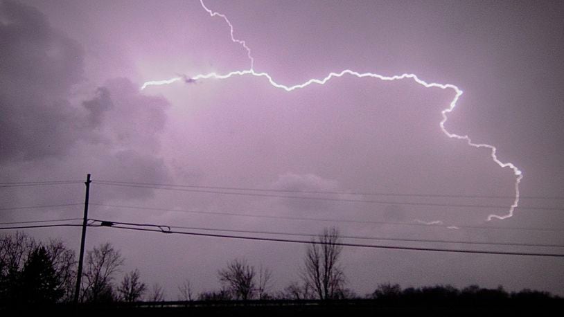 Lightning, Clark County near Enon, Thursday, MARCH 14, 2024. MARSHALL GORBY \STAFF