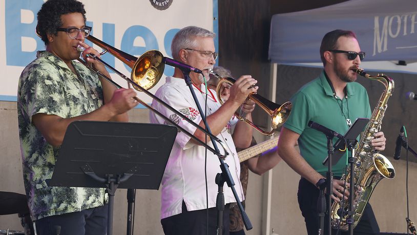 Mother's Jazz Collective plays on the Mother Stewart's stage for the third annual Springfield Jazz & Blues Fest Friday, August 9, 2024. The musical event, at National Road Commons park and Mother Stewart's Brewing Co., is presented by the Springfield Kiwanis and features 18 acts featuring national, regional and local performers. The event will continue through Saturday evening. BILL LACKEY/STAFF