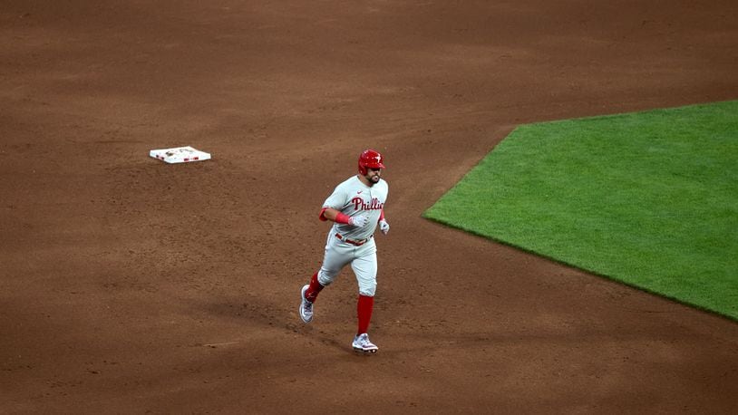 Kyle Schwarber, of the Phillies, rounds the bases after a home run against the Reds in the fifth inning on Thursday, April 13, 2023, at Great American Ball Park in Cincinnati. David Jablonski/Staff