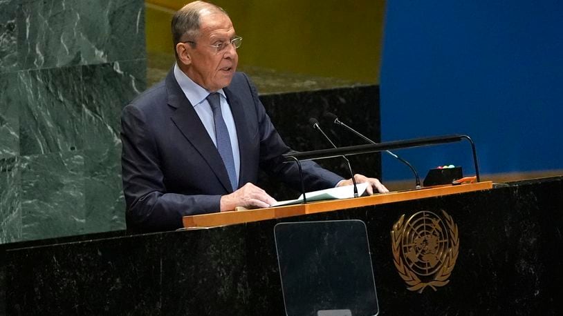 Russia's Minister for Foreign Affairs Sergey Lavrov addresses the 79th session of the United Nations General Assembly, Saturday, Sept. 28, 2024. (AP Photo/Pamela Smith)