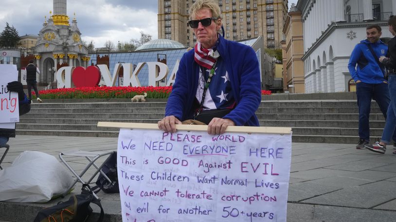 Ryan Wesley Routh takes part in a rally in central Kyiv, Ukraine, Saturday, April 30, 2022. (AP Photo/Efrem Lukatsky)